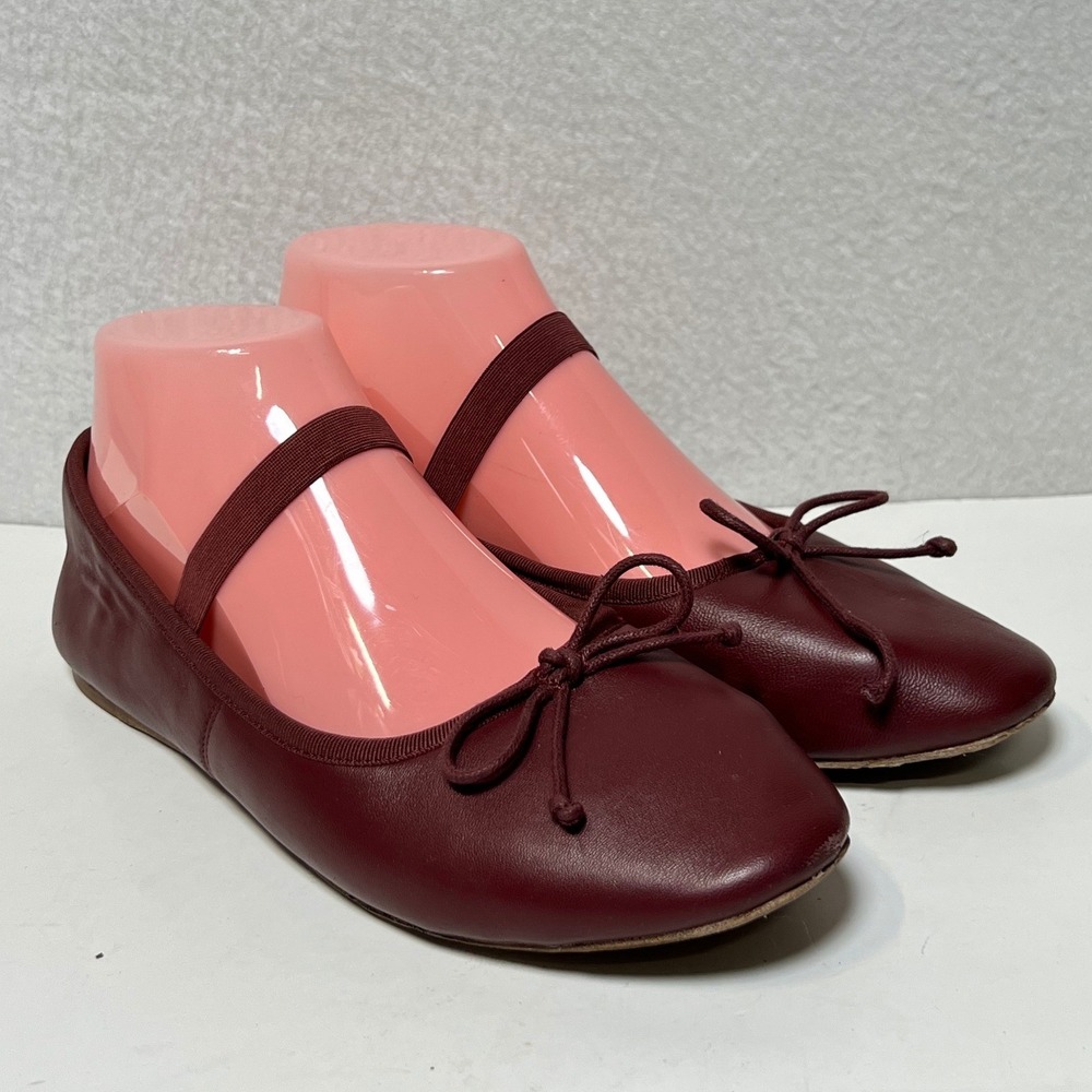 Quince Womens Leather Ballet Flat Elastic Strap 8 Burgundy Bow Mary Jane Shoes